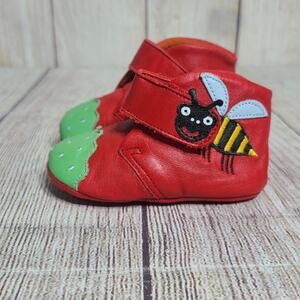Hanna Andersson Soft Leather Baby Crib Shoes Size 18 US 3 Red Green Bees
